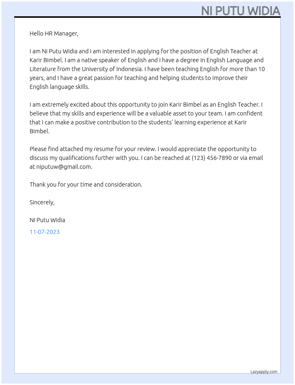 English Teacher At Karir Bimbel Cover Letter