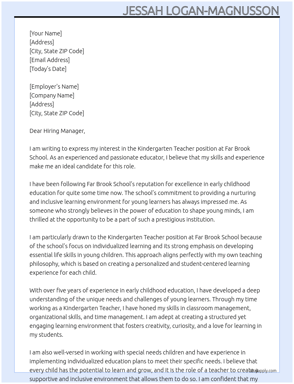 Kindergarten Teacher  At Far Brook School Cover Letter