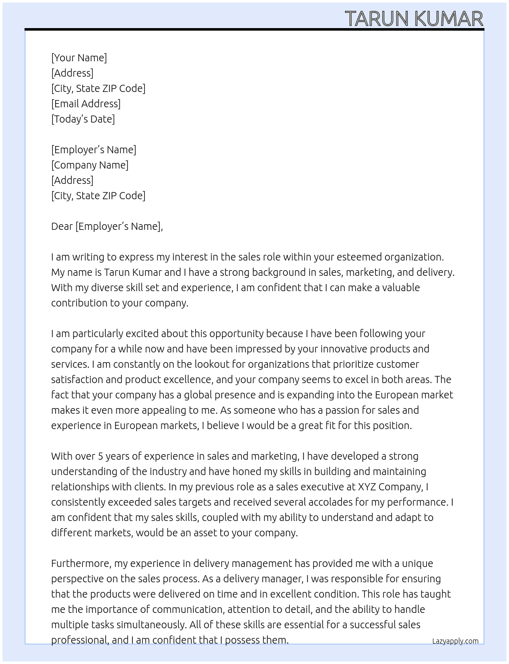 sales ,marketing,delivery At multiple Cover Letter