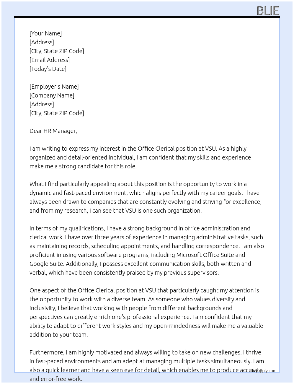 Office Clerical  At VSU Cover Letter