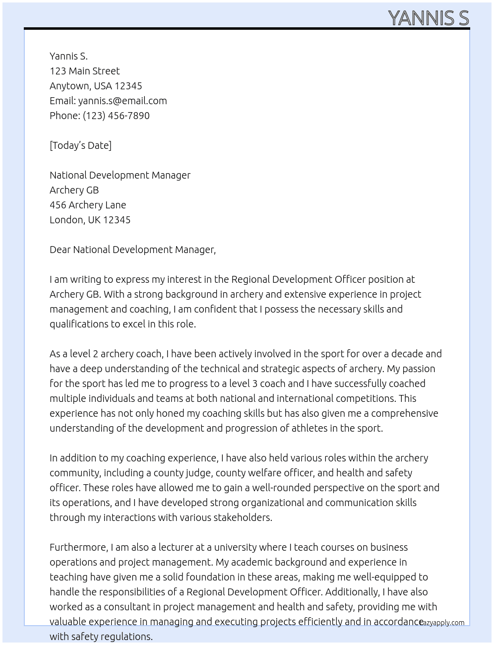 Regional Development Officer At Archery GB Cover Letter