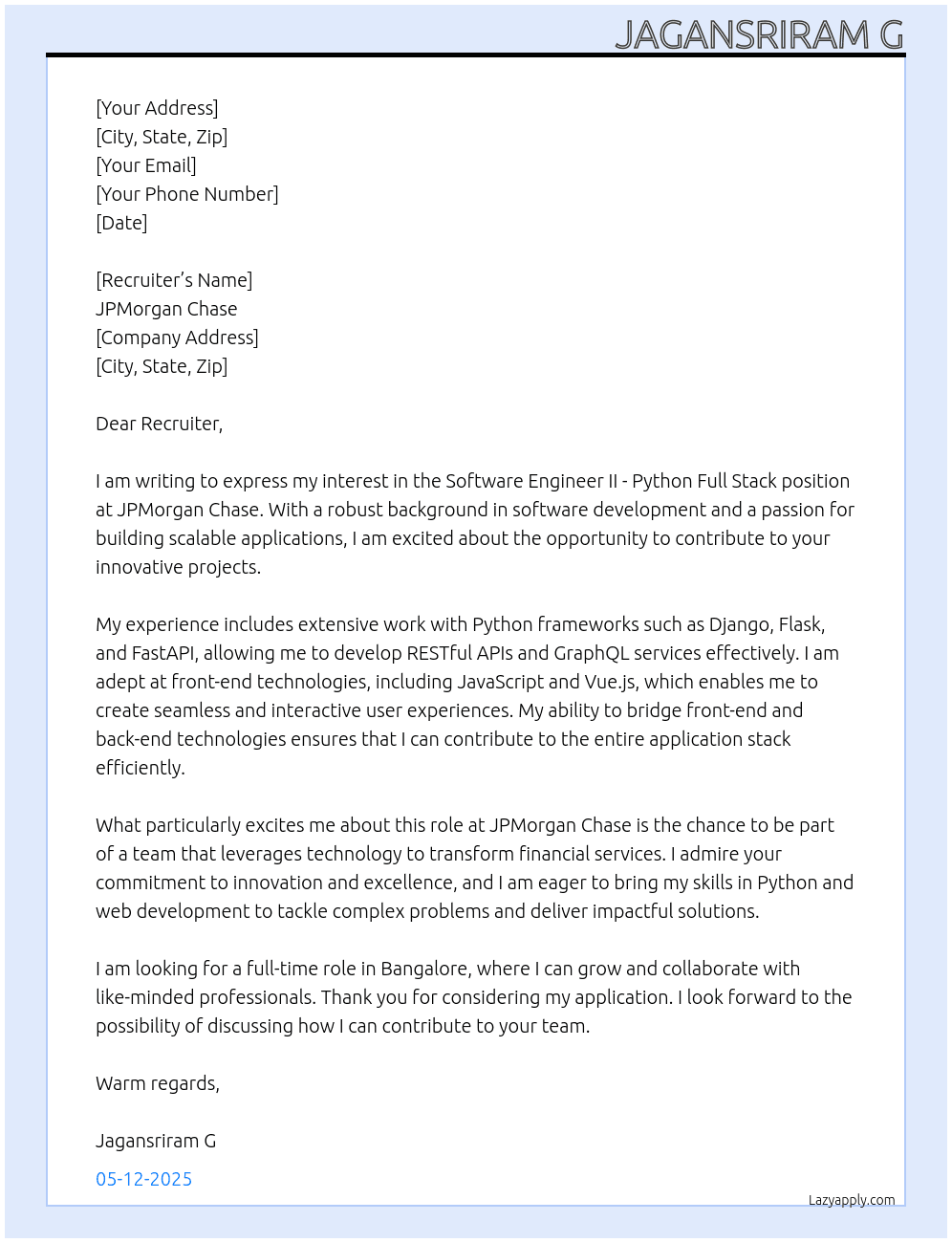 Software Engineer II- Python Full Stack At  JPMorganChase Cover Letter