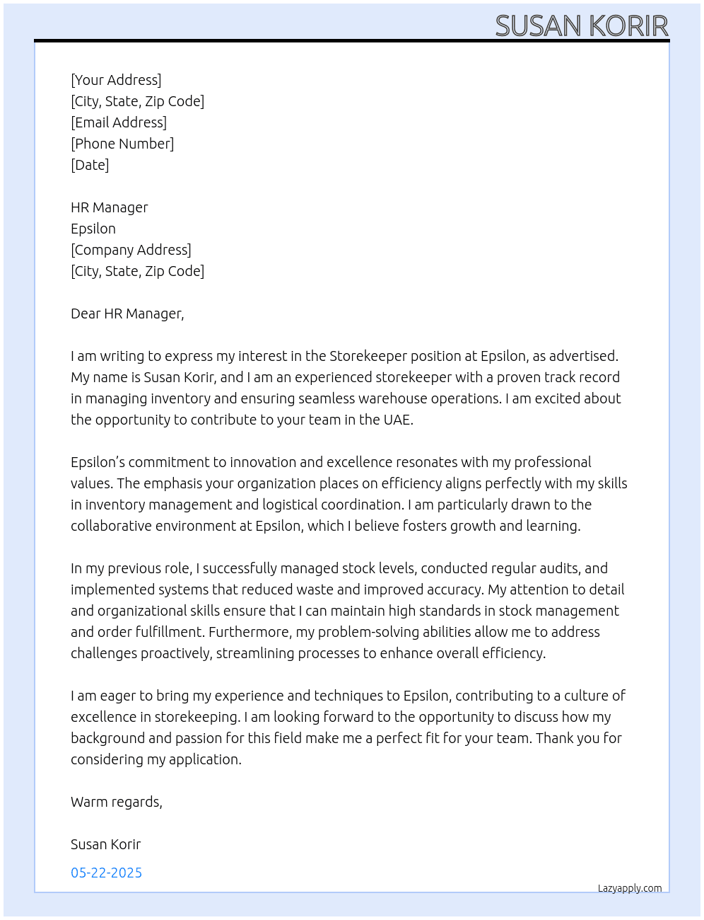 STOREKEEPER At EPSILON Cover Letter