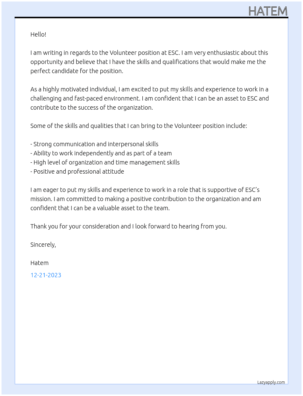 Volunteer At ESC Cover Letter