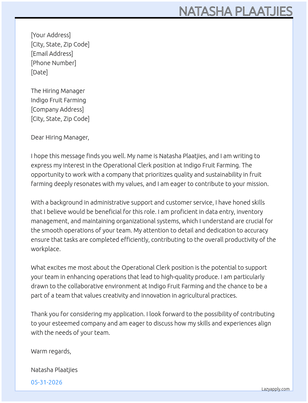 Operational Clerk At Indigo Fruit Farming Cover Letter