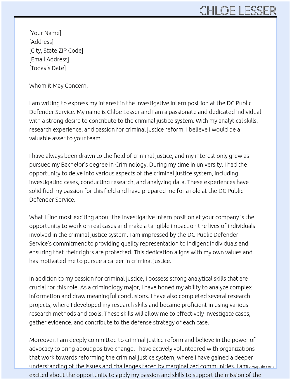 Investigative Intern At DC Public Defender Service Cover Letter