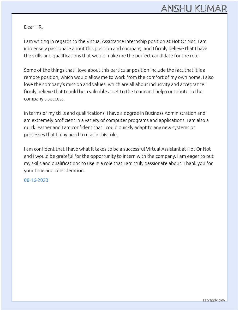 Virtual Assistance internship At Hot Or Not Cover Letter
