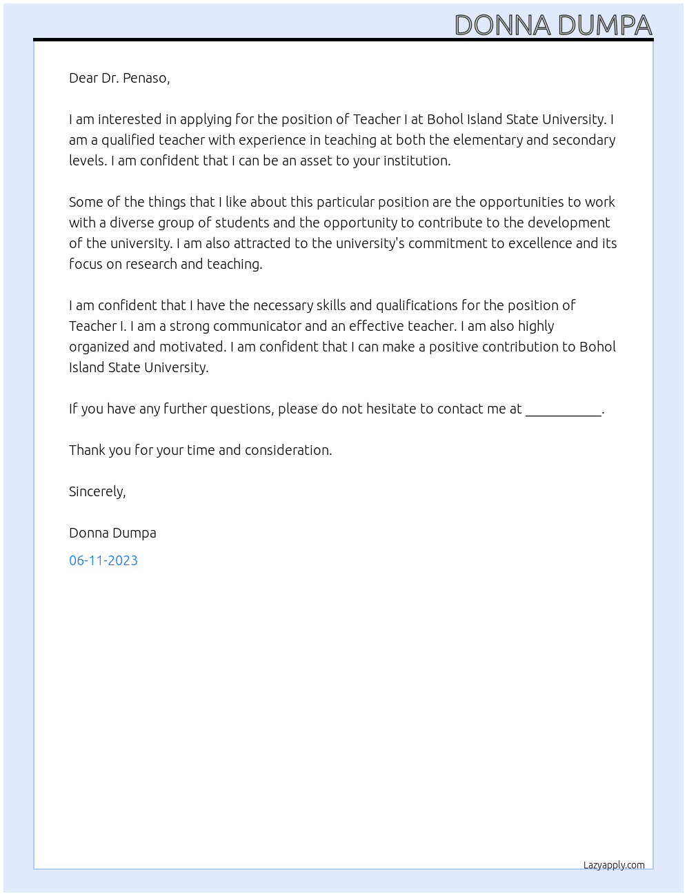 Teacher I At Bohol Island State University Cover Letter