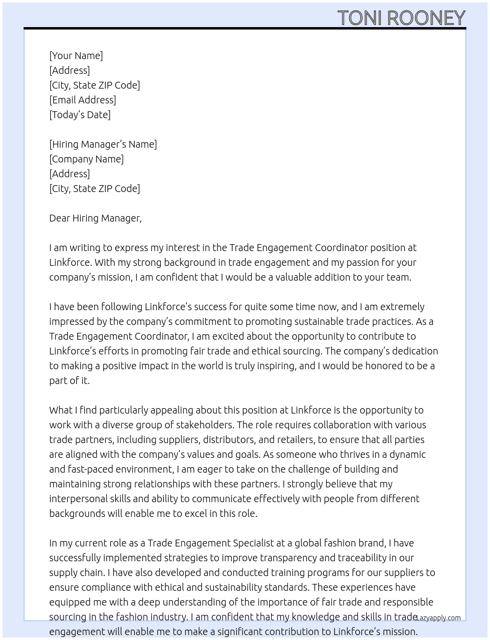 trade engagement coordinator At Linkforce Cover Letter
