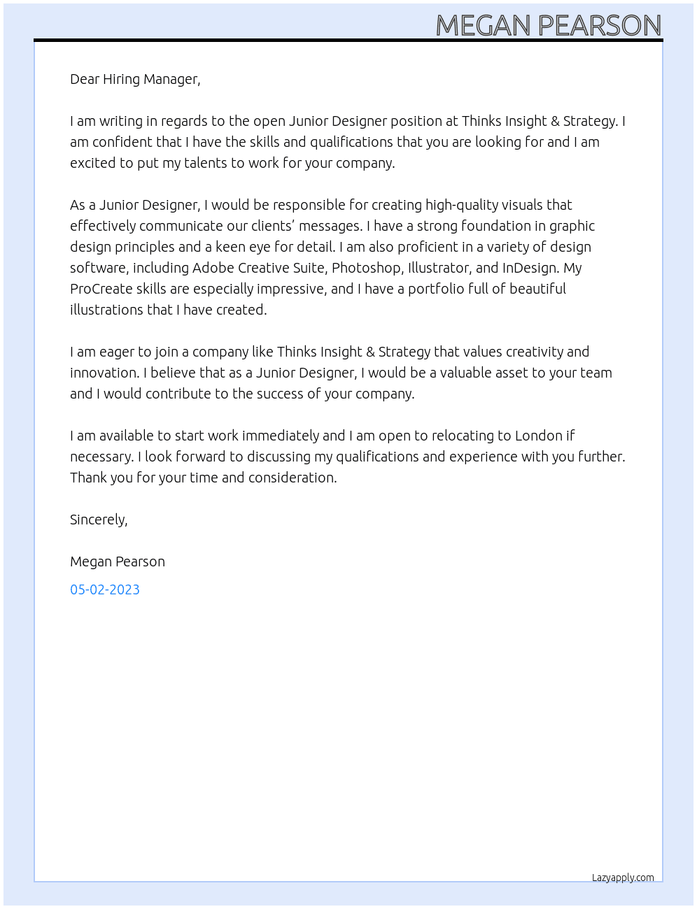 Junior Designer At Thinks Insight & Strategy Cover Letter