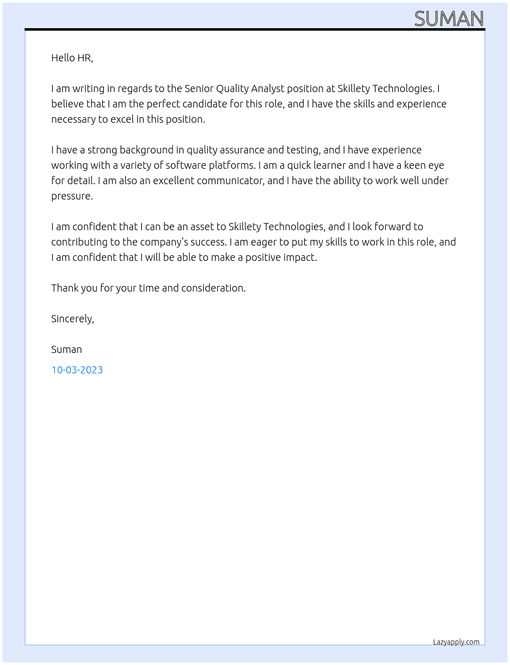 Senior quality analyst At Skillety technologies Cover Letter