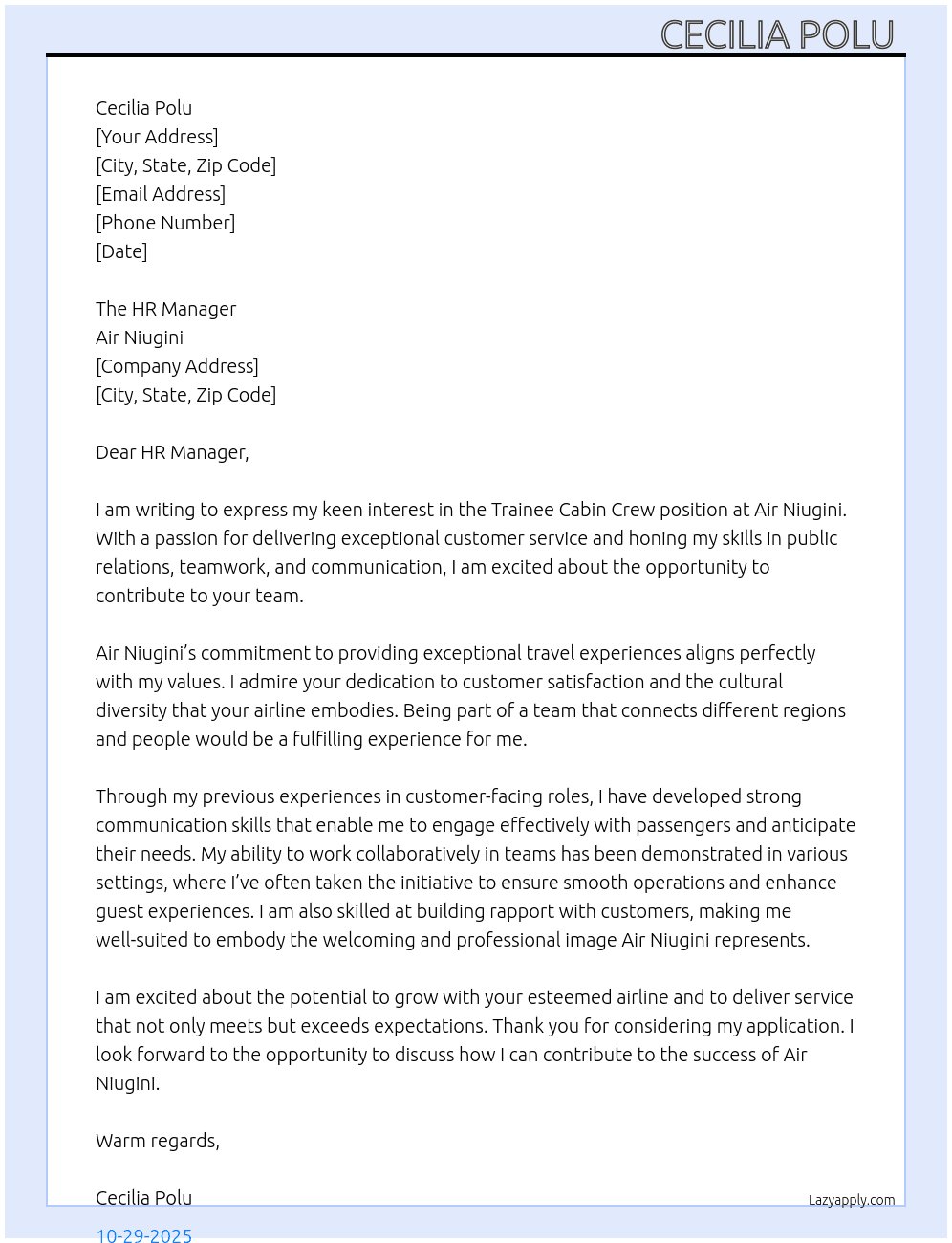 Trainee Cabin Crew  At Air Niugini  Cover Letter