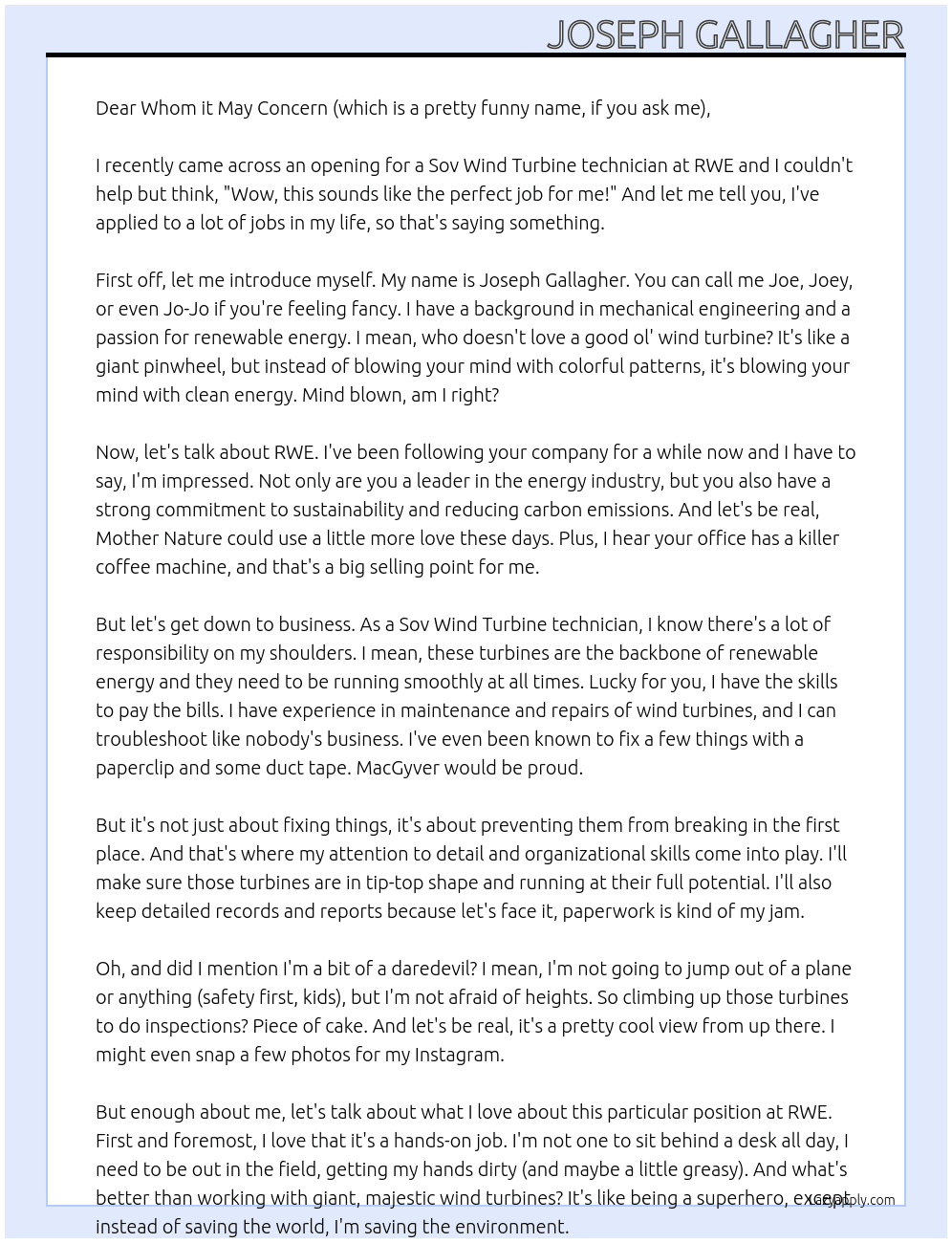 Sov Wind Turbine technician At RWE Cover Letter