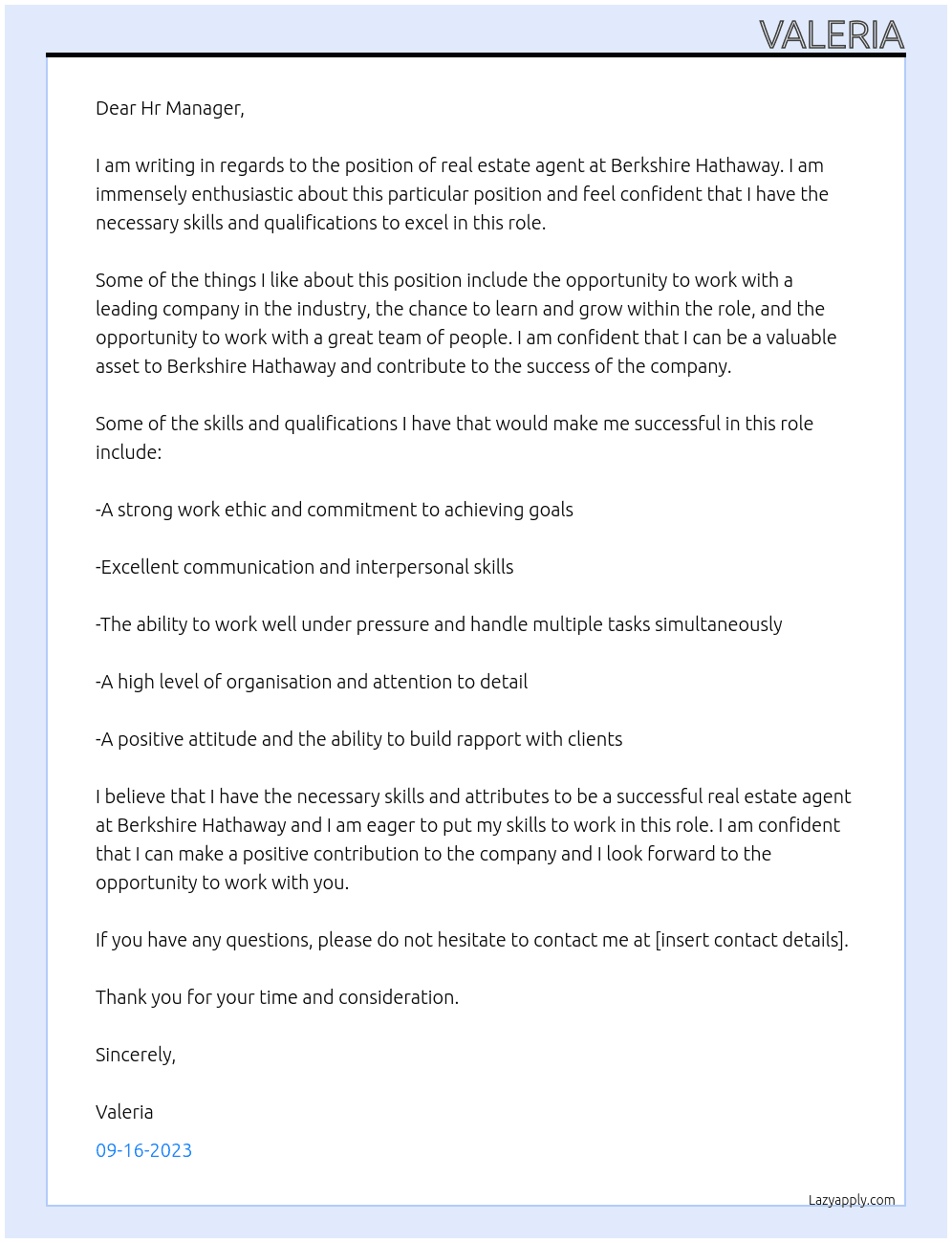 real estate agent At Berkshire Hathway Cover Letter