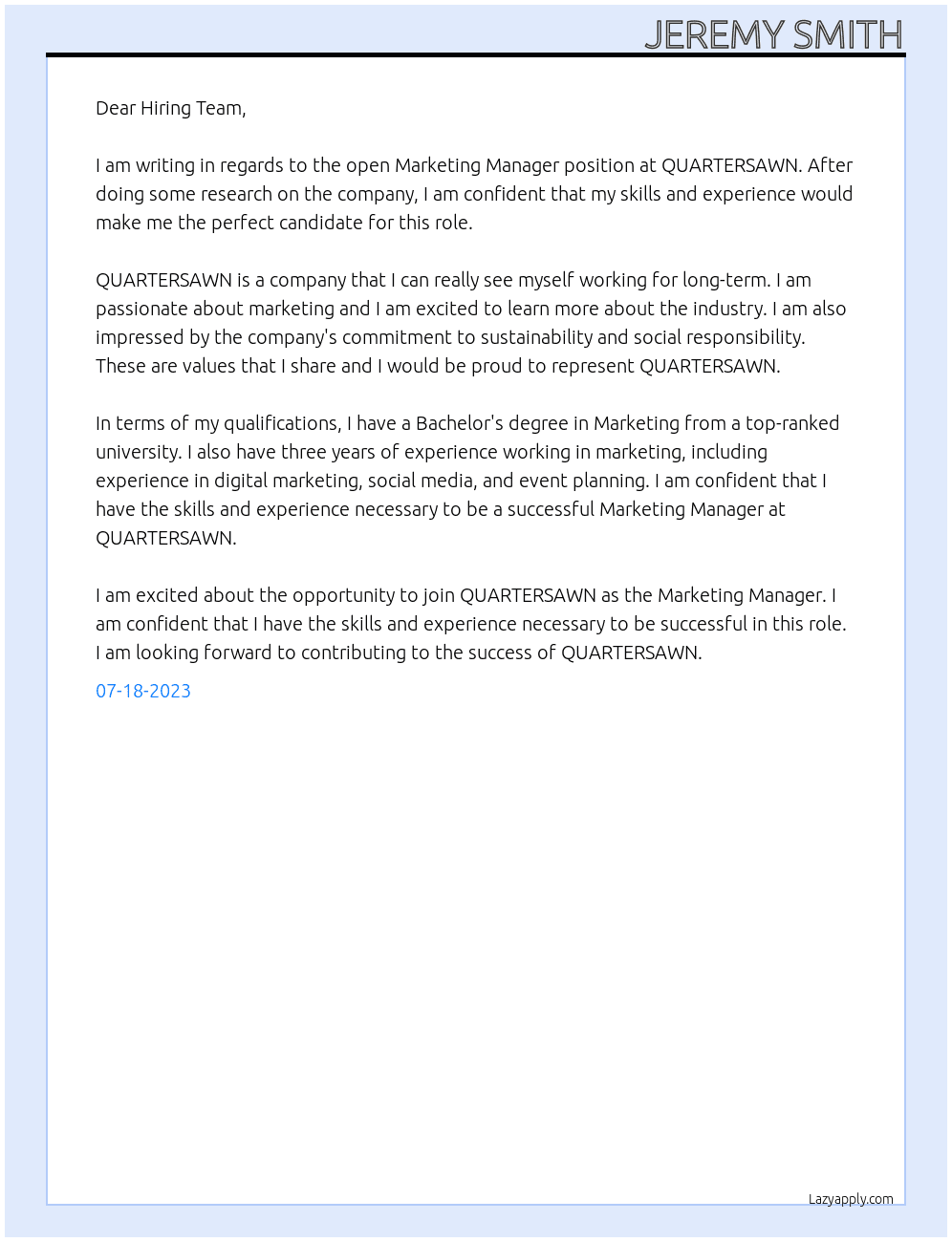 Marketing Manager At QUARTERSAWN Cover Letter
