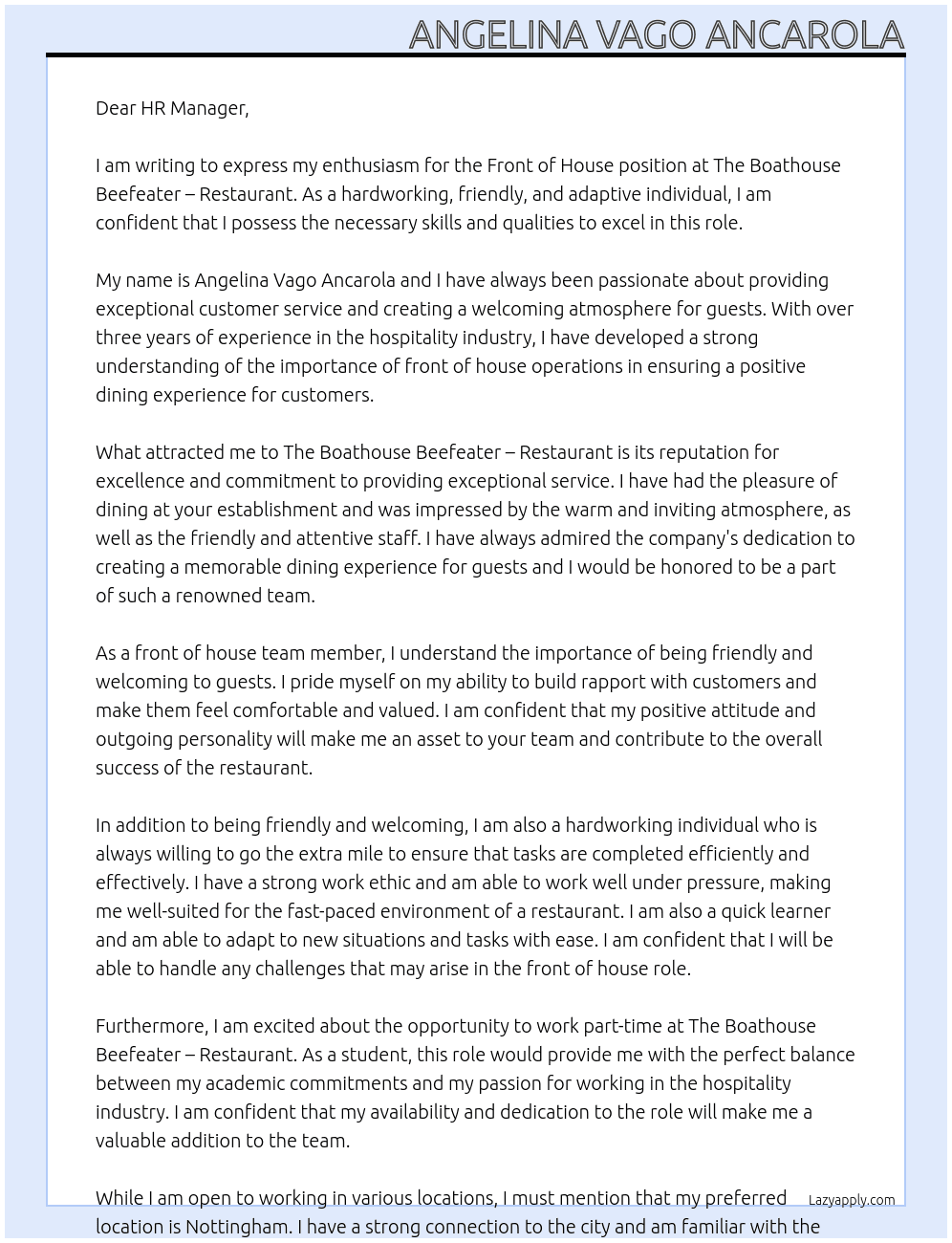 Front of House At The Boathouse Beefeater – Restaurant   Cover Letter