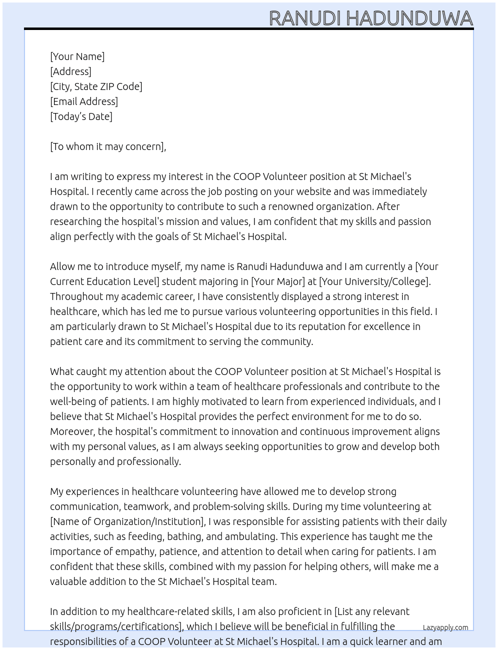 COOP Volunteer At St Michael's Hospital Cover Letter