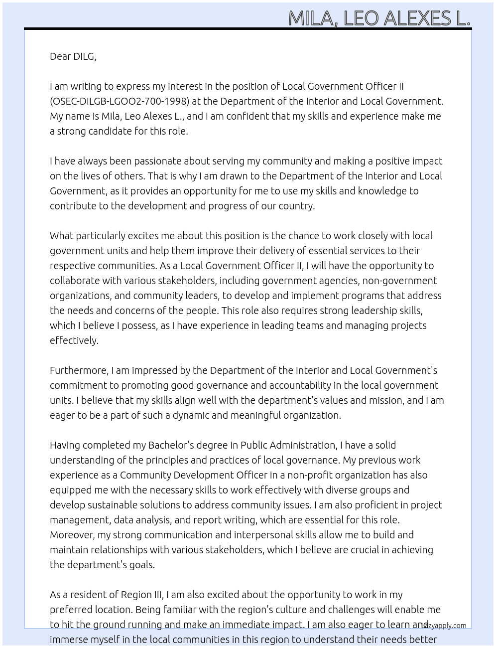 LOCAL GOVERNMENT OFFICER II (OSEC-DILGB-LGOO2-700-1998) At Department of the Interior and Local Government Cover Letter