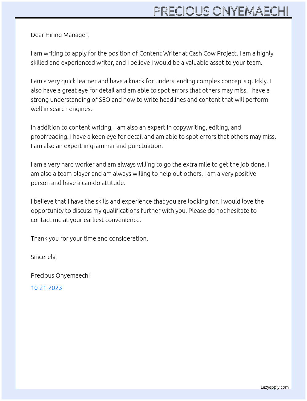 Content writer At Cash Cow Project Cover Letter