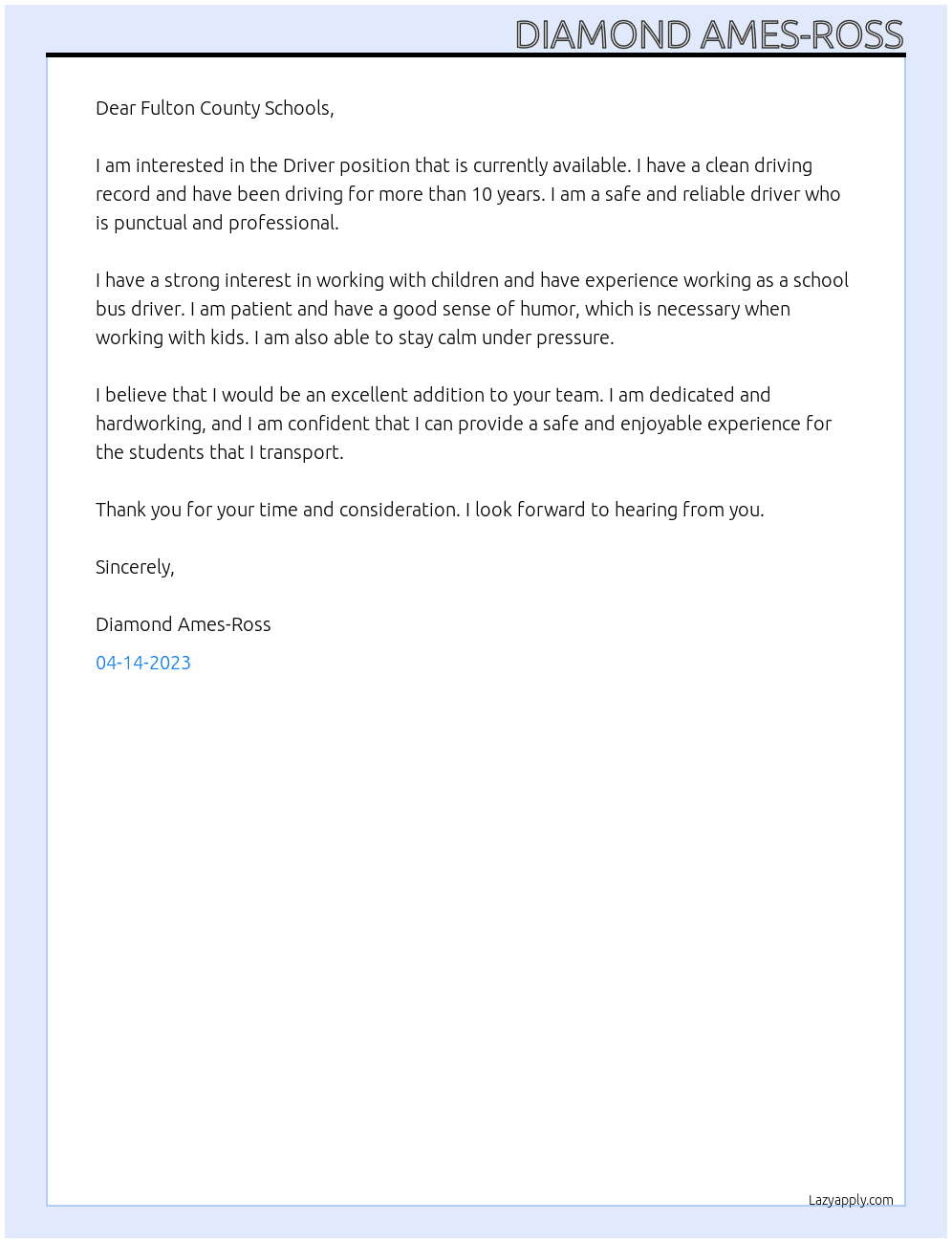 Driver At Diamond Ames-Ross Cover Letter