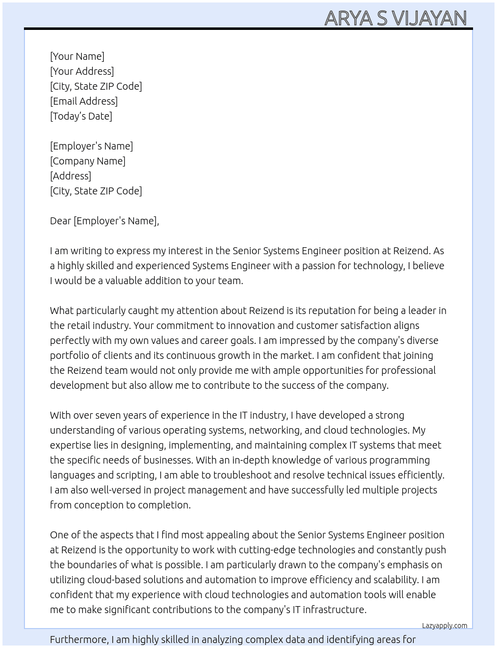 Senior Systems Engineer  At Reizend Cover Letter