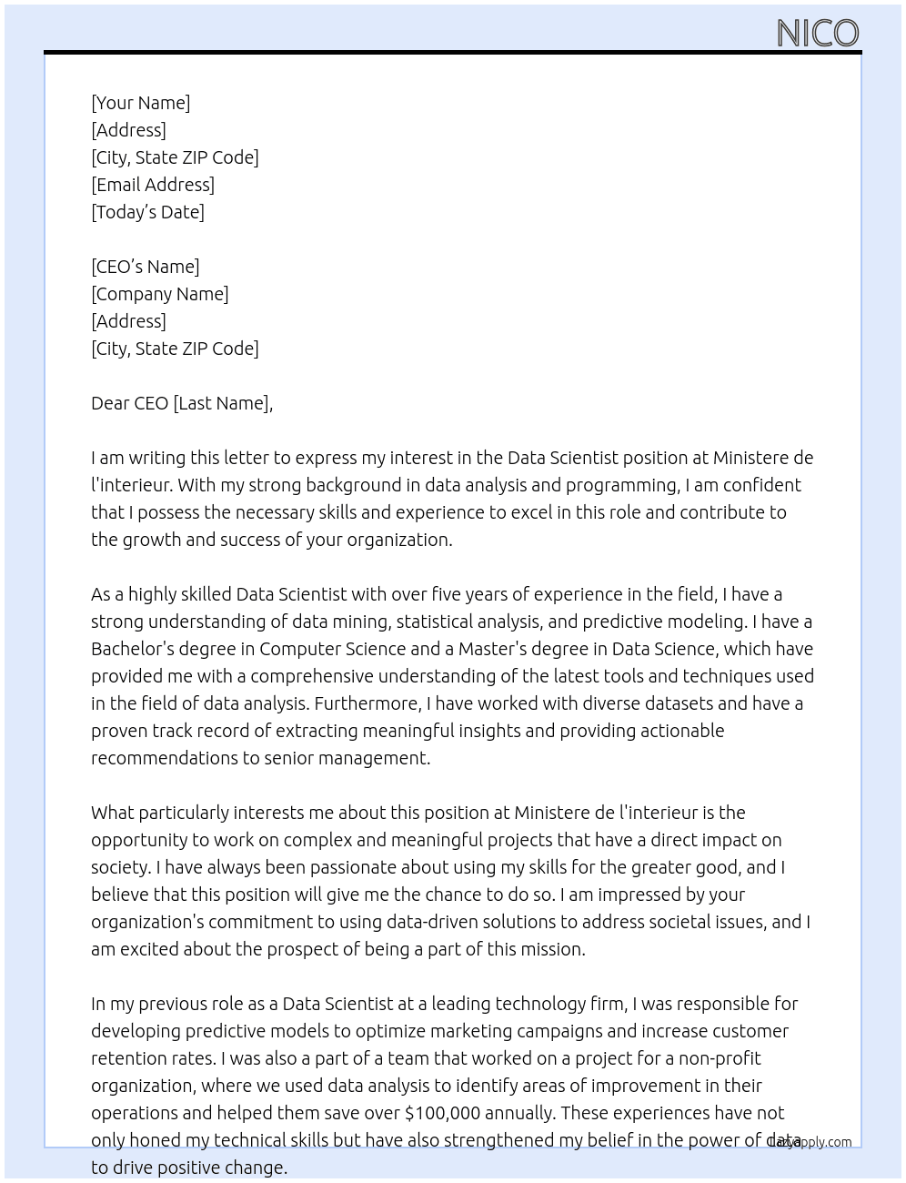 Data Scientist At ministere de l'interieur Cover Letter