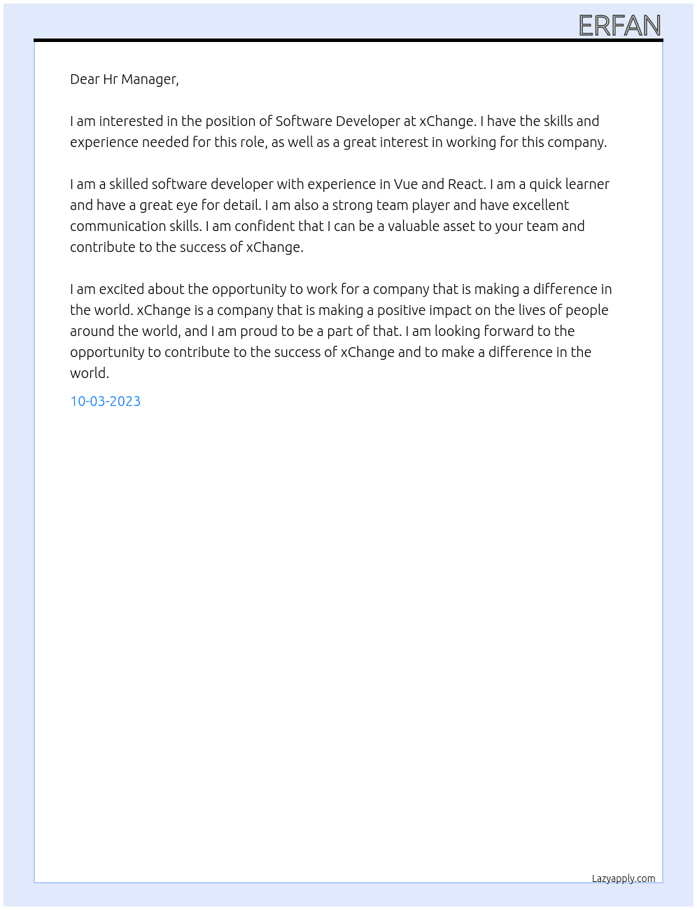 Software Developer  At xChange Cover Letter