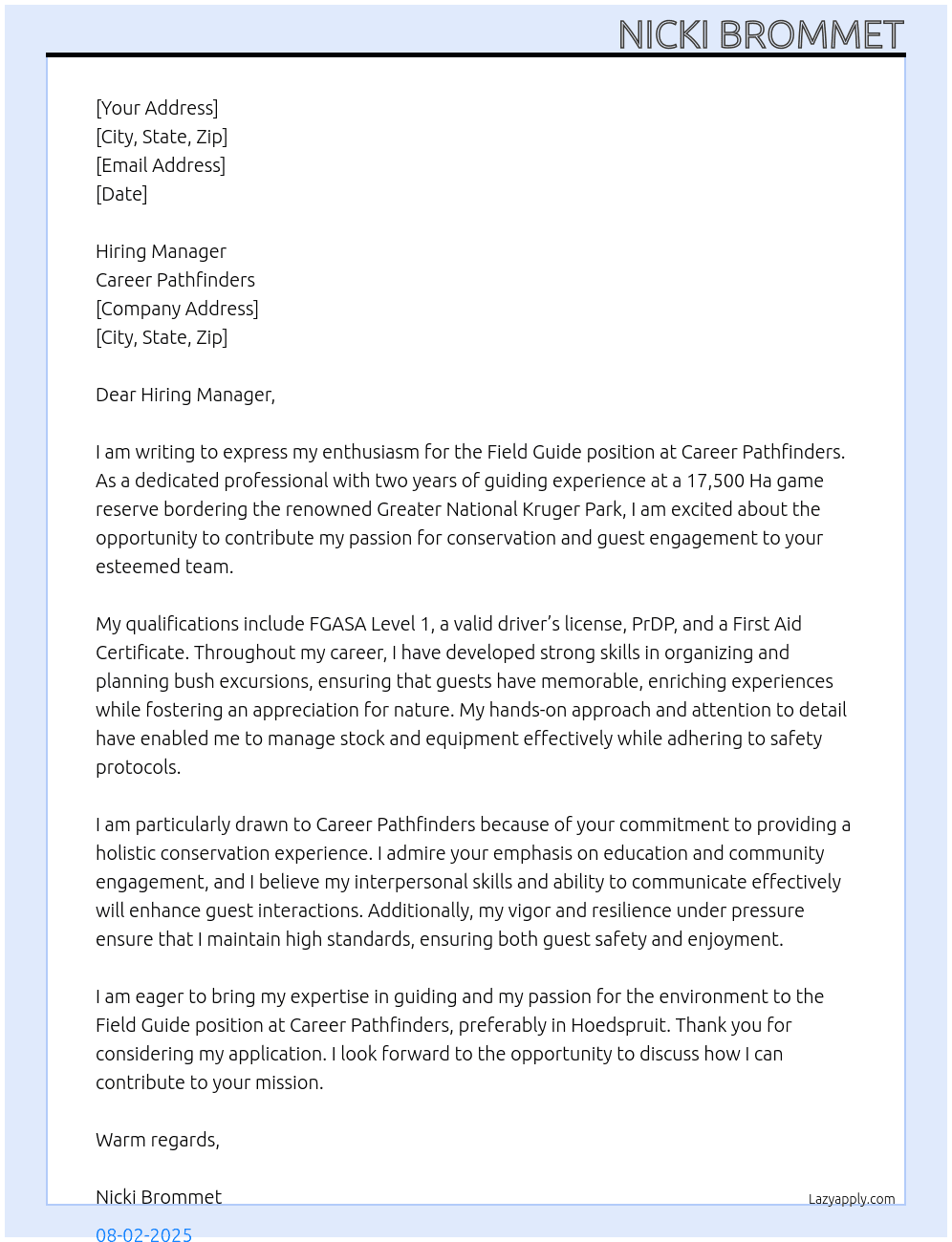 Cover letter for field guide - LazyApply