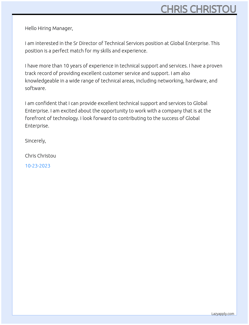 Sr Director of Technical Services At Global Enterprise Cover Letter