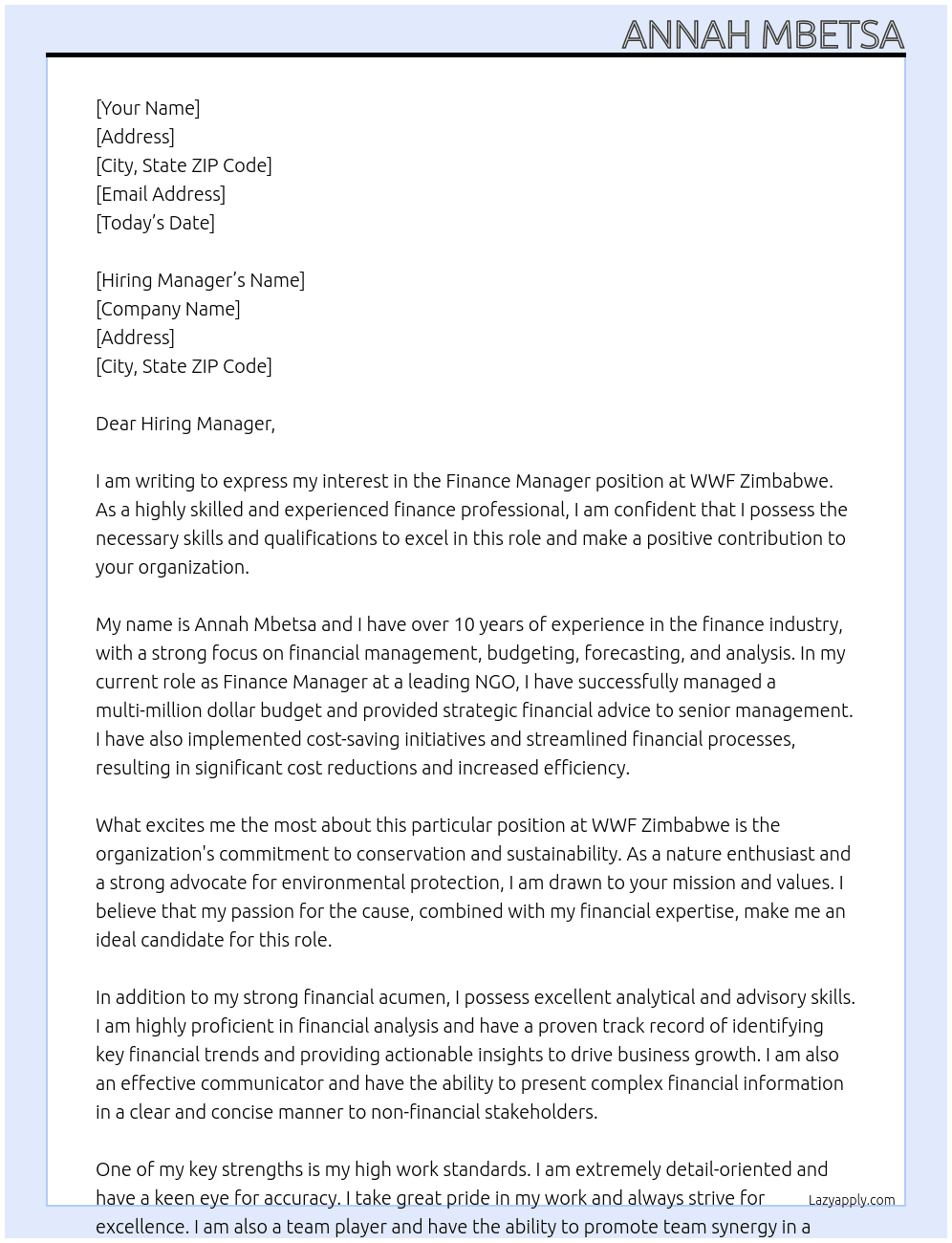 Finance Manager At WWF Zimbabwe Cover Letter
