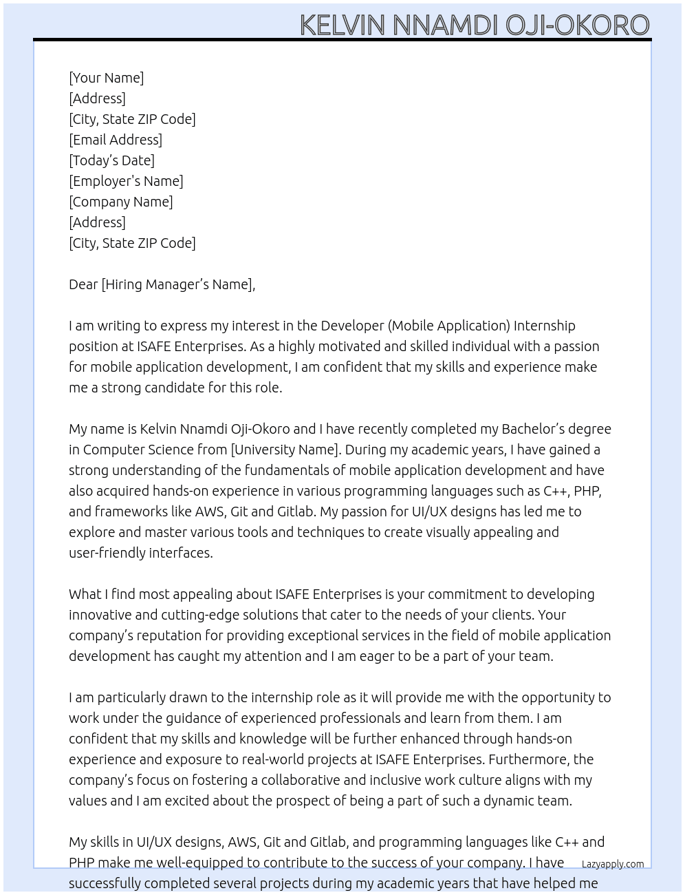 Developer (Mobile Application) - Internship At ISAFE Enterprises Cover Letter