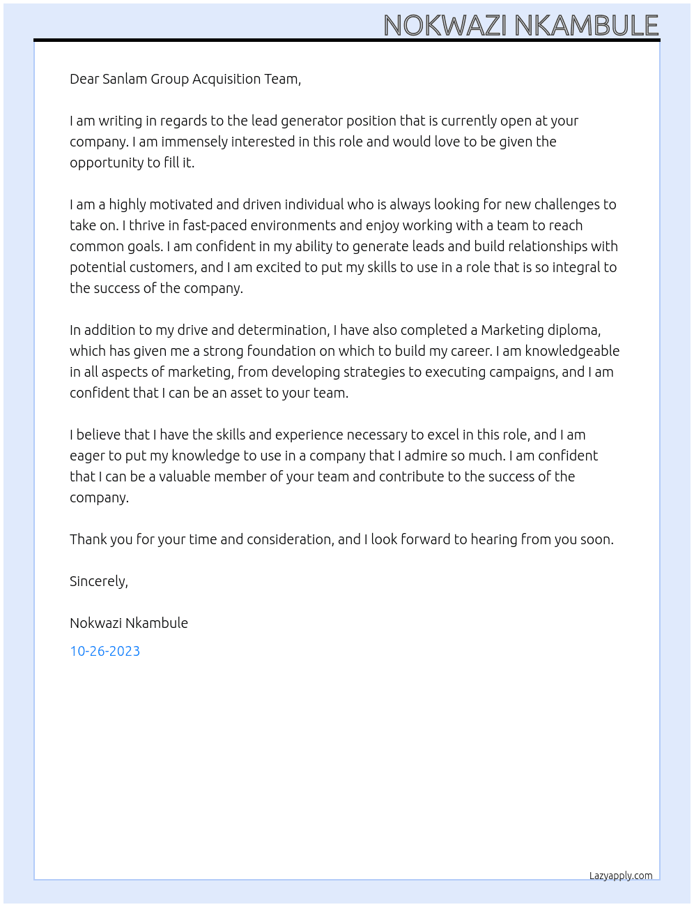 Lead Generator At Sanlam Group Cover Letter