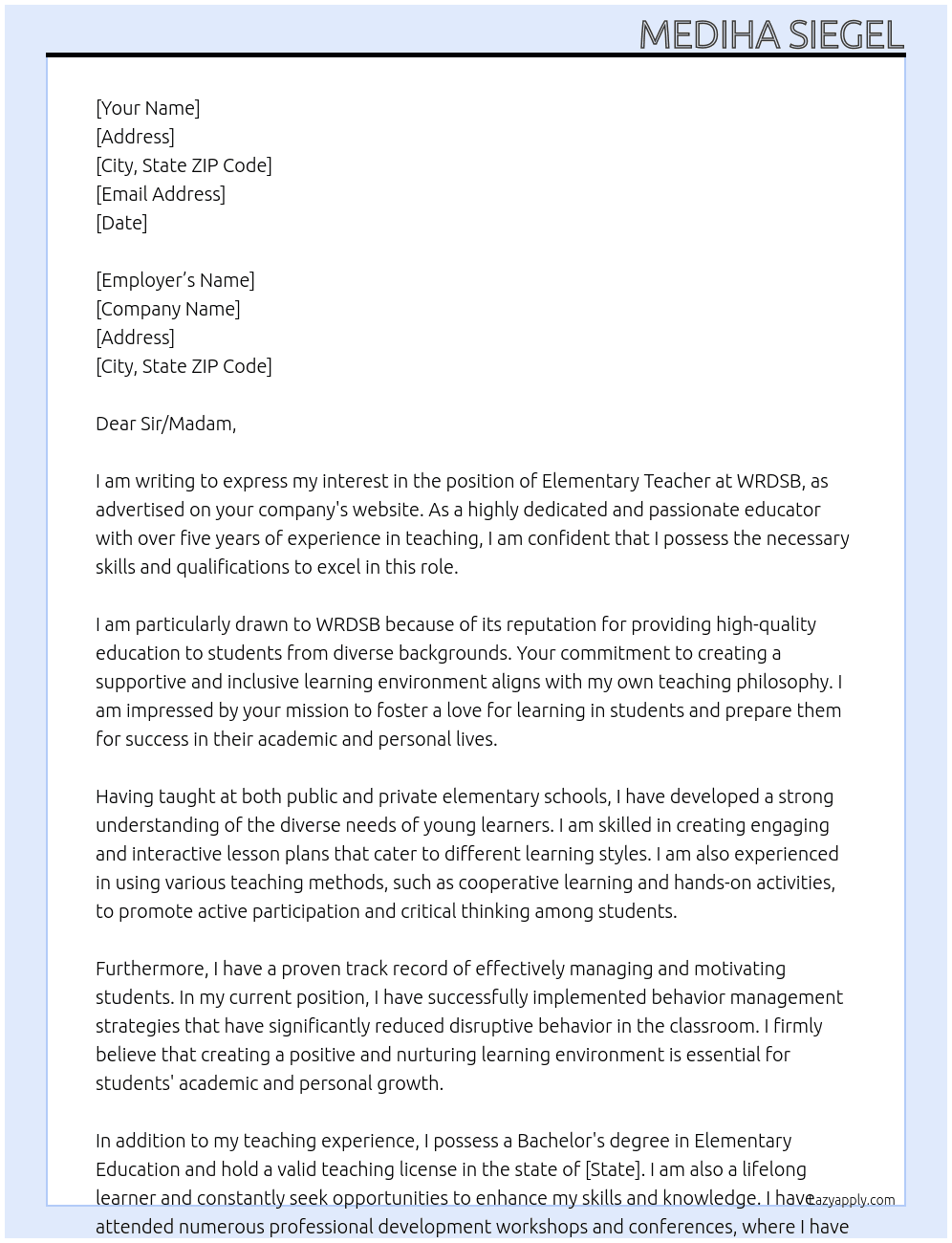 elementary teacher At WRDSB Cover Letter
