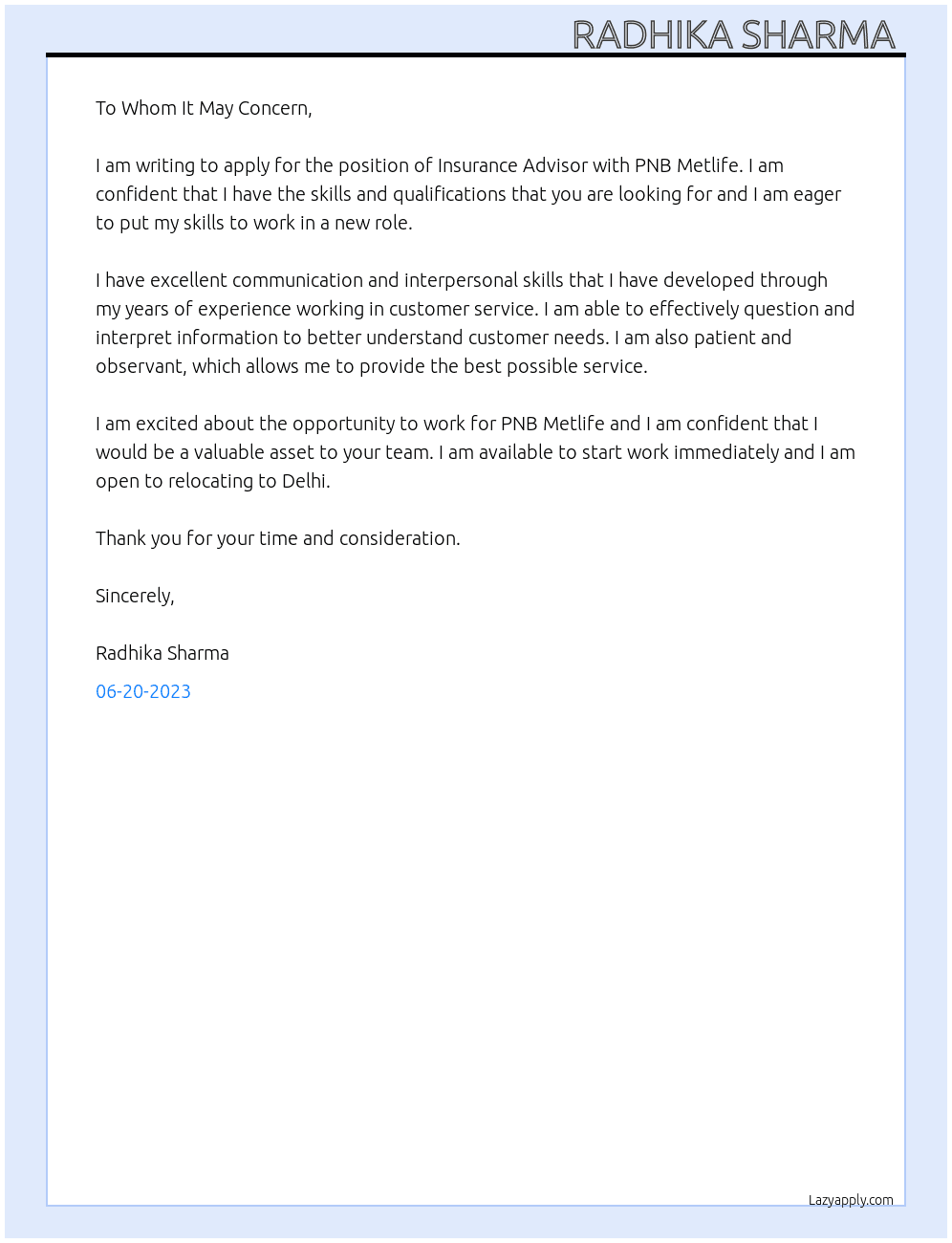 Insurance Advisor At PNB Metlife Cover Letter