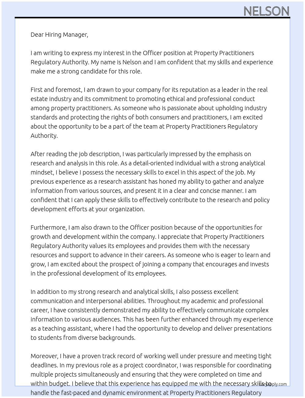 Officer At Property Practitioners Regulatory Authority Cover Letter