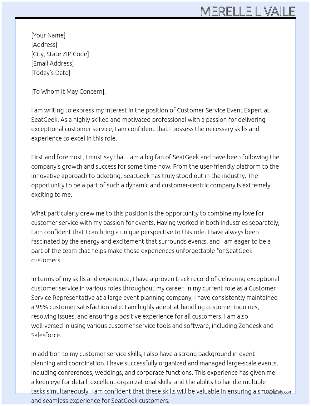 customer service event expert At seatgeek Cover Letter