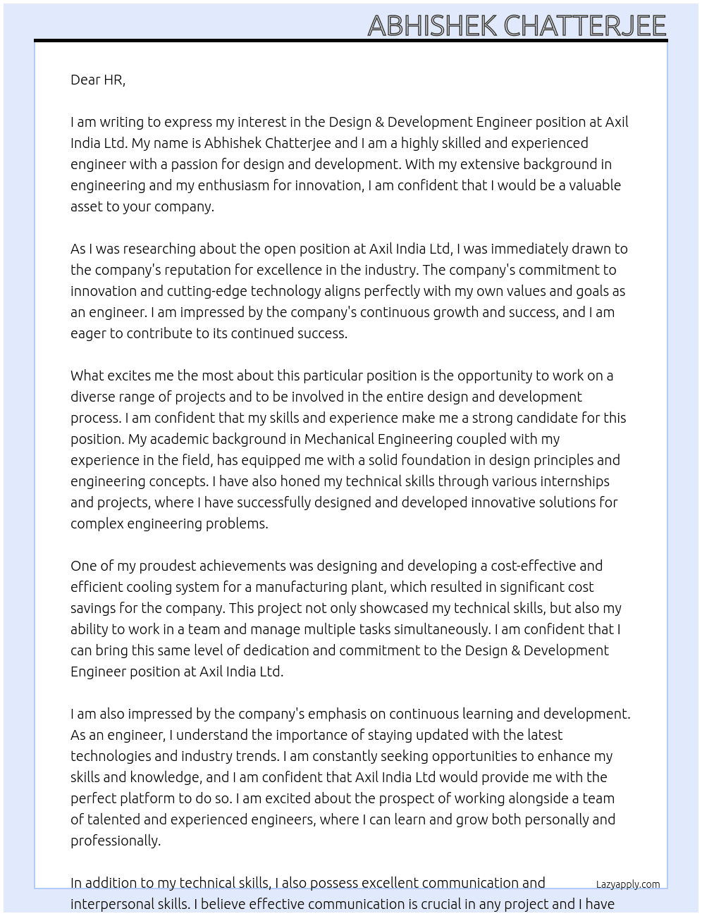 Design & Development Engineer At axil india ltd Cover Letter