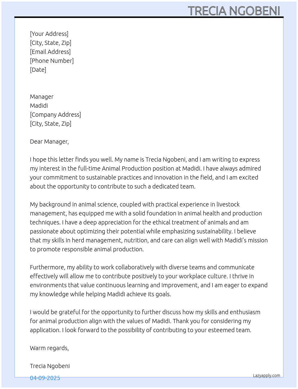 Animal production  At Madidi Cover Letter