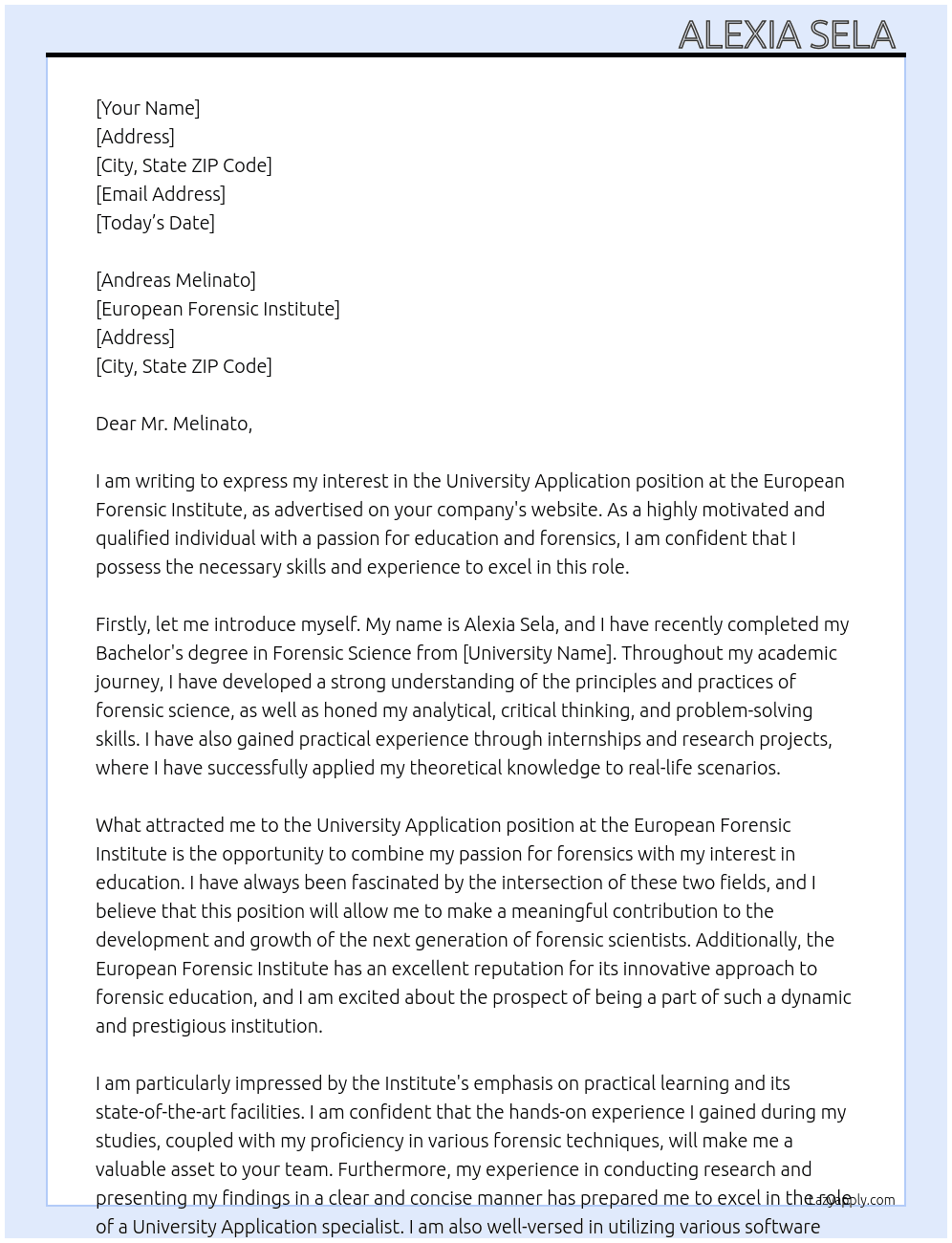 University application At European Forensic Institute Cover Letter