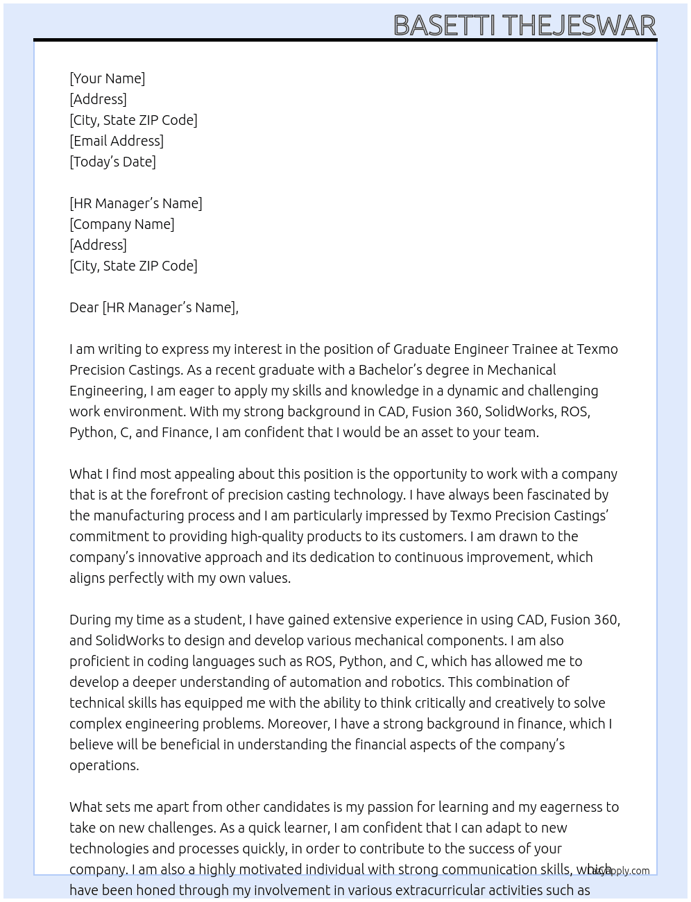 Graduate Engineer Trainee At Texmo Precision Castings Cover Letter