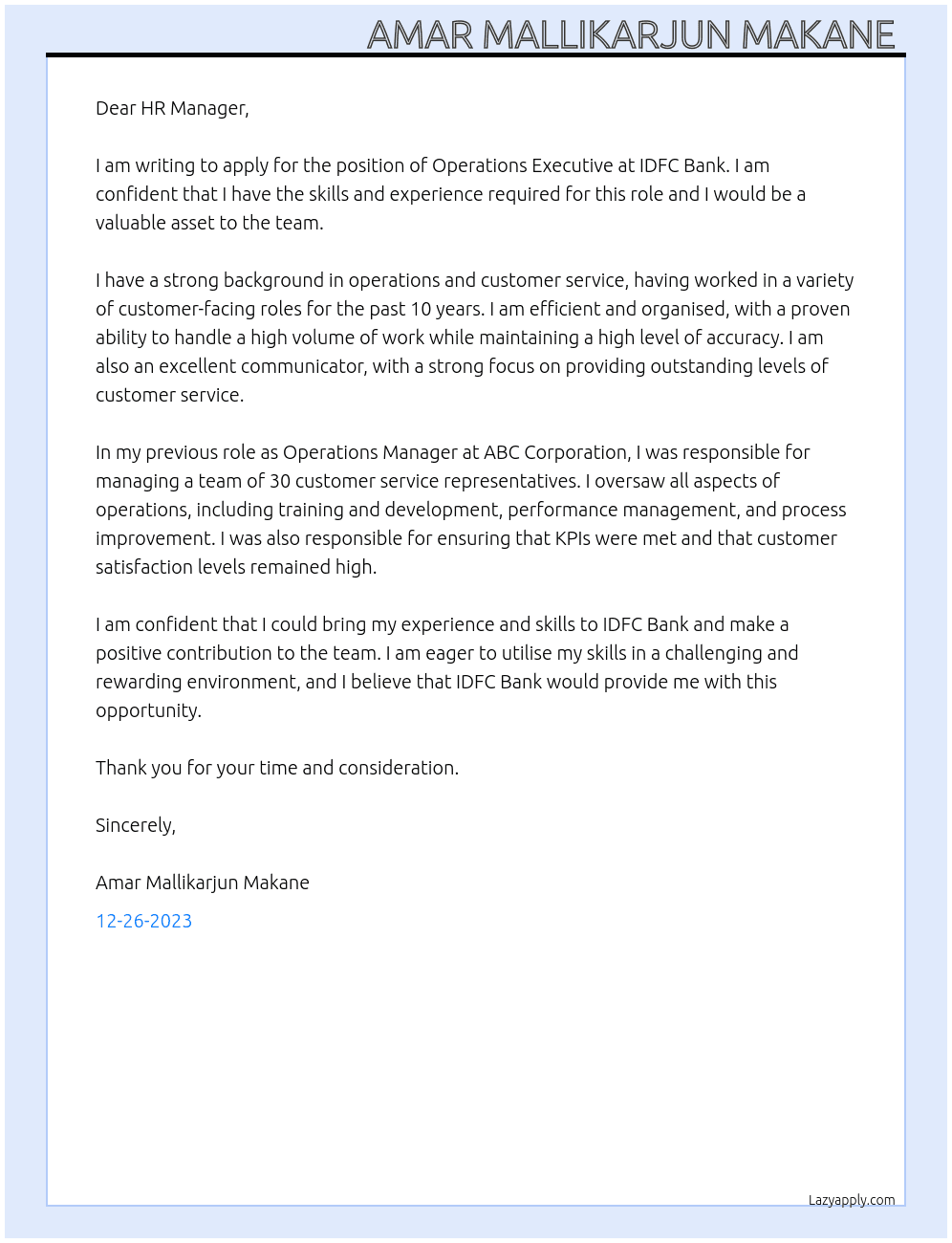 Operations Executive  At IDFC Bank Cover Letter