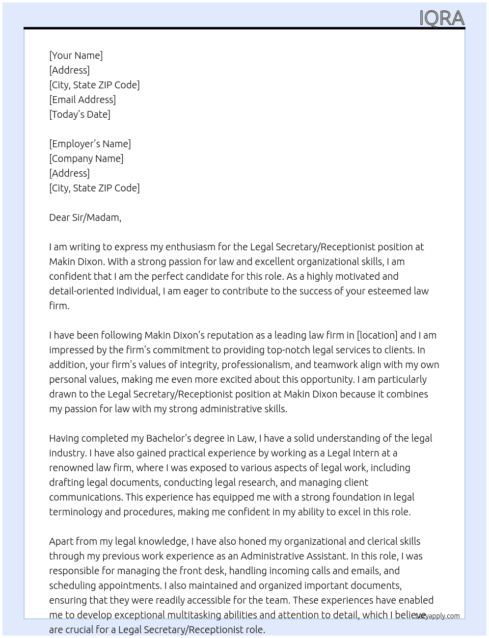 Legal secretary/receptionist At Makin Dixon Cover Letter