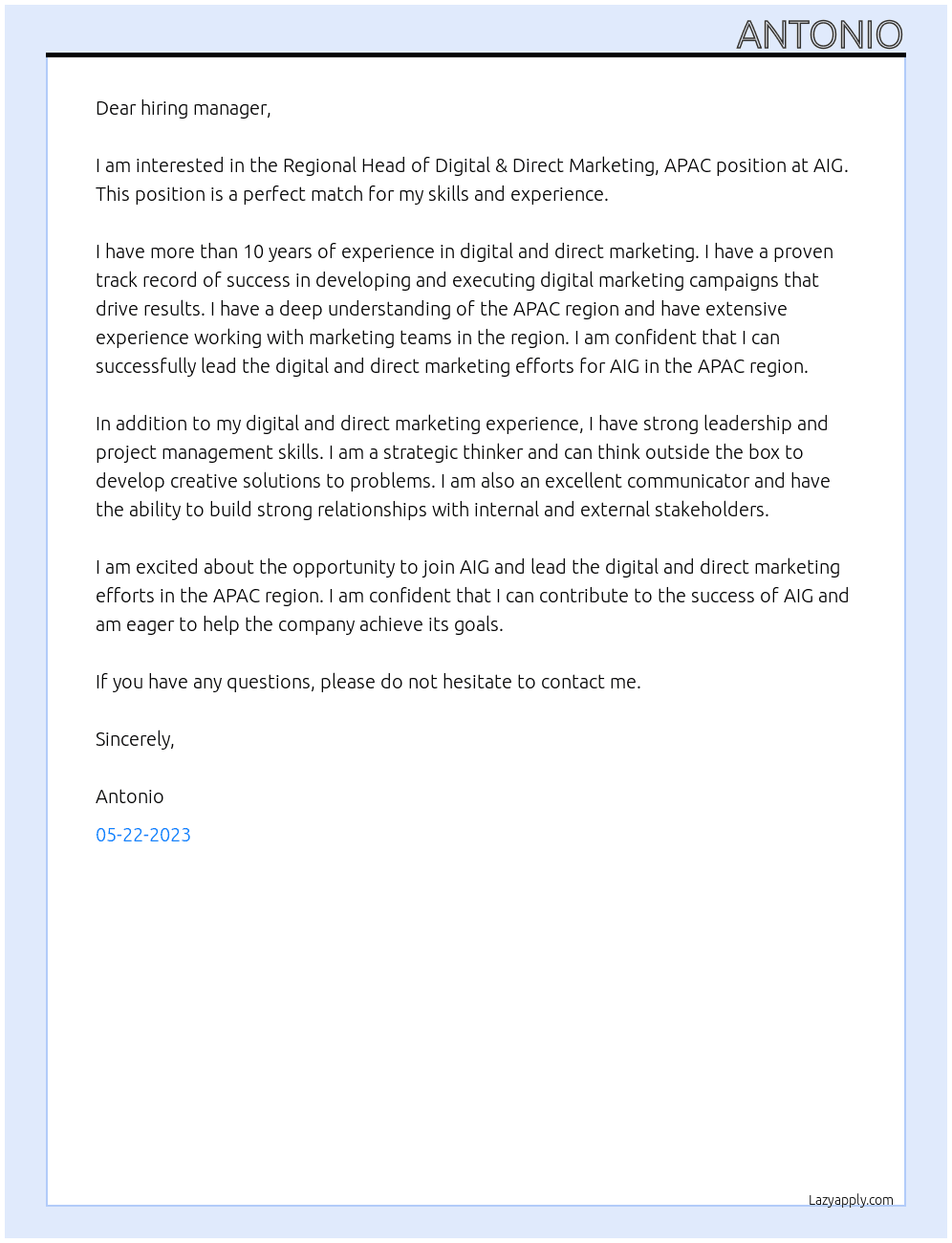 Regional Head of Digital & Direct Marketing, APAC At AIG Cover Letter