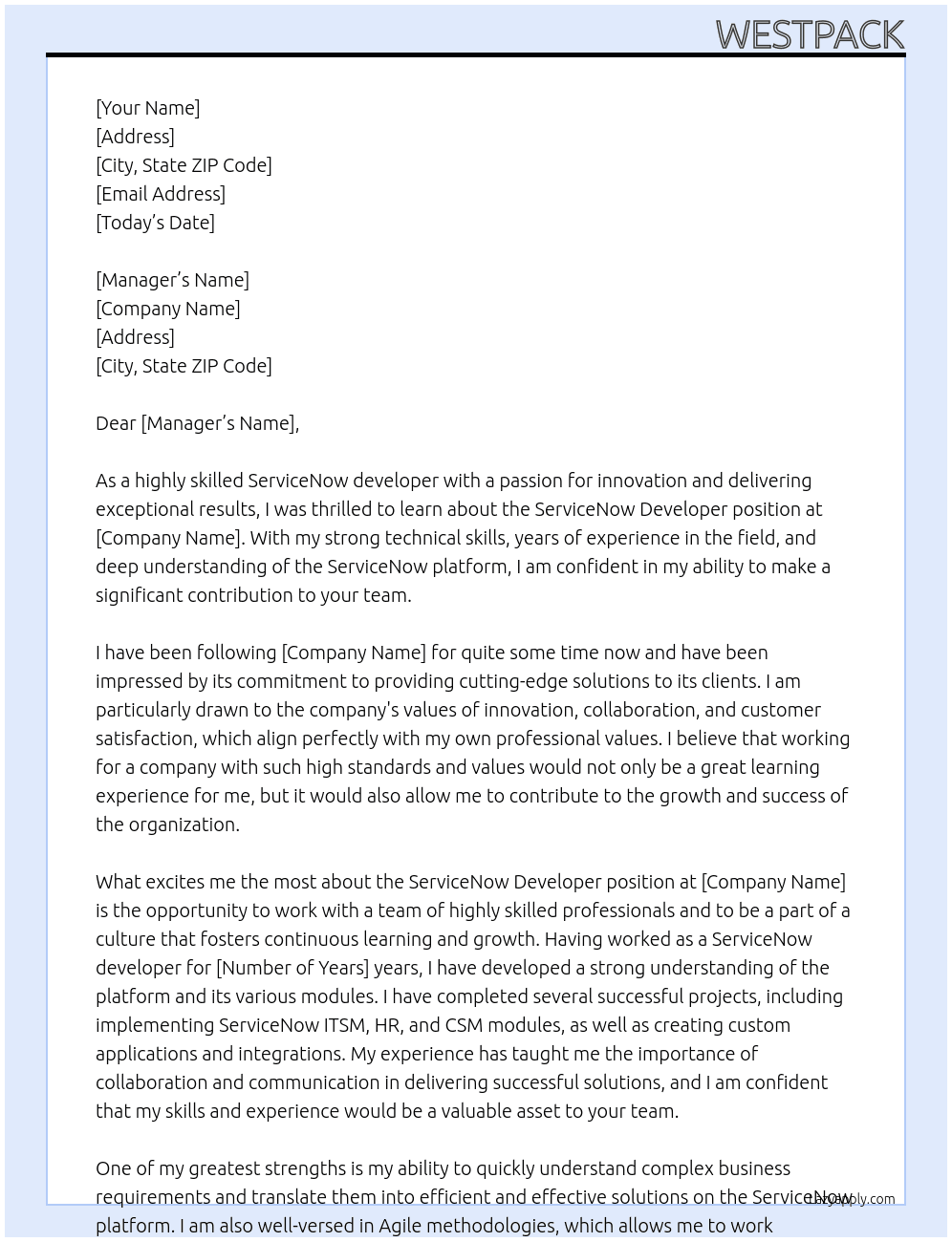 service Now developer At Westpack Cover Letter