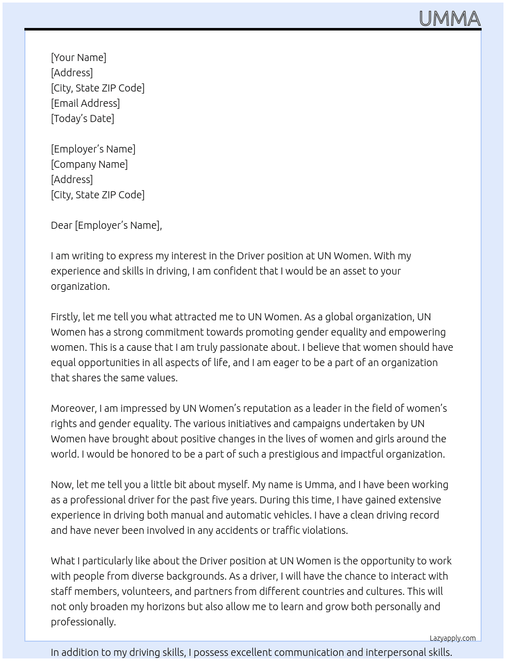 Driver  At Un woman  Cover Letter