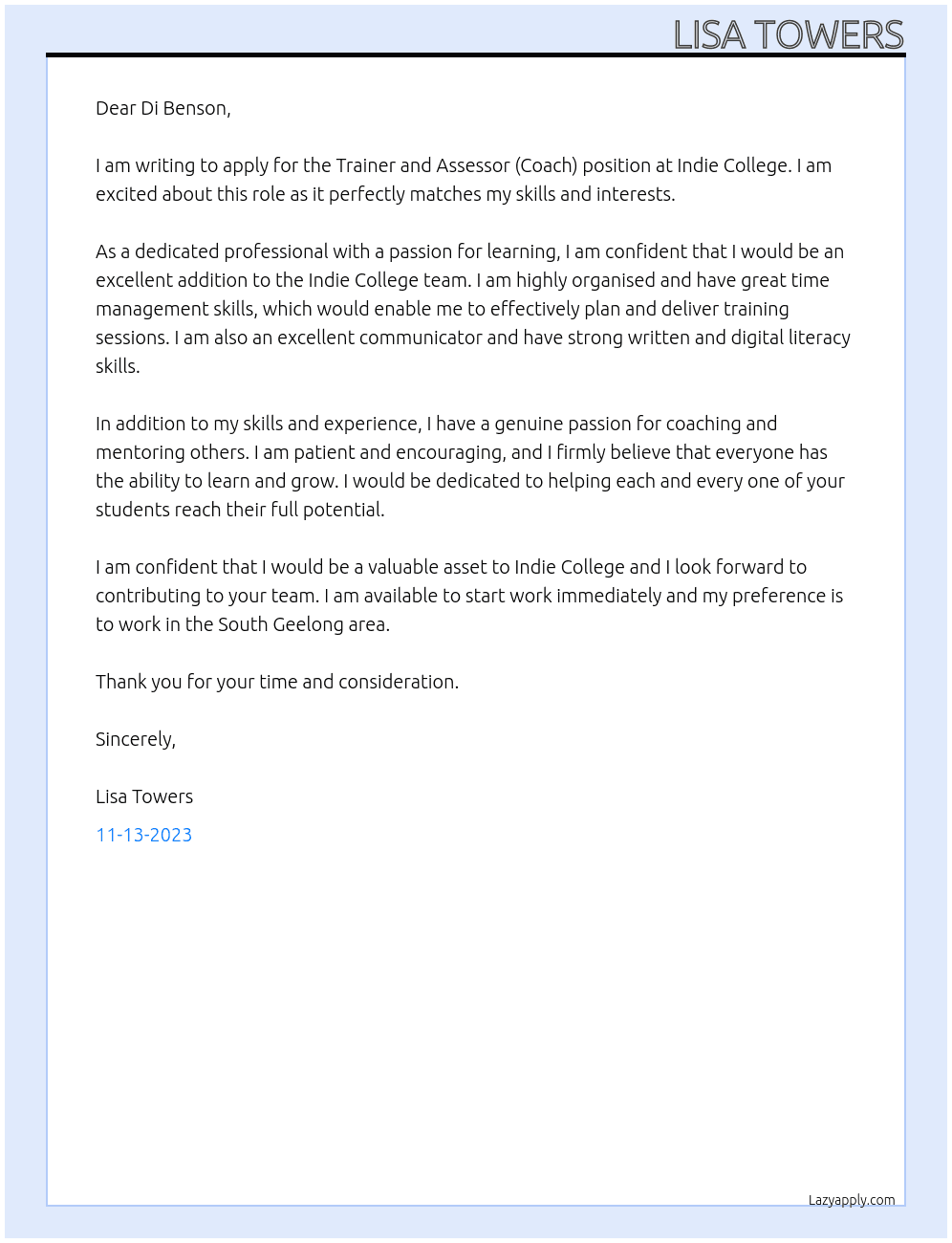 Trainer and assessor (coach) At Indie college Cover Letter