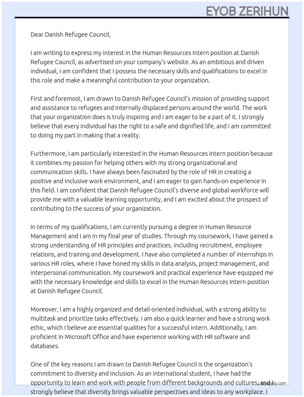 Human Resources Intern At Danish Refugee Council Cover Letter