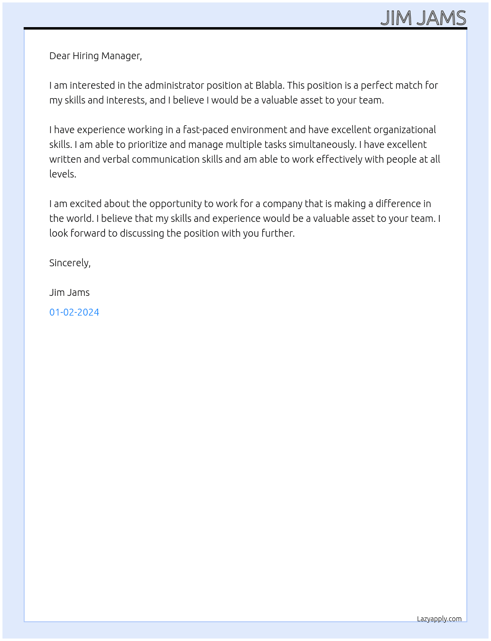 administrator At blabla Cover Letter