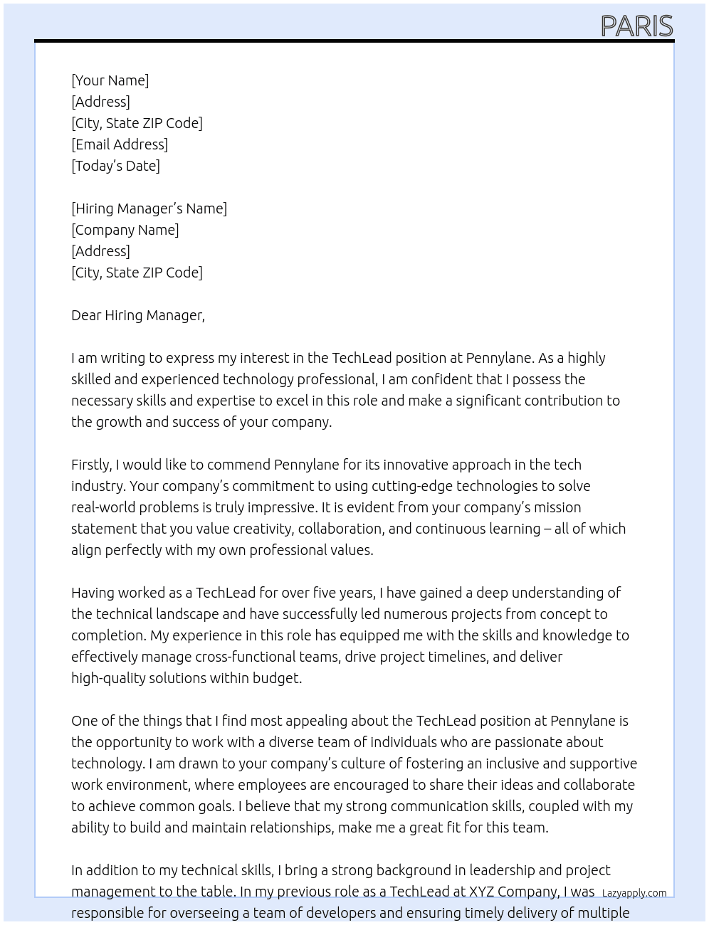 TechLead At Pennylane Cover Letter