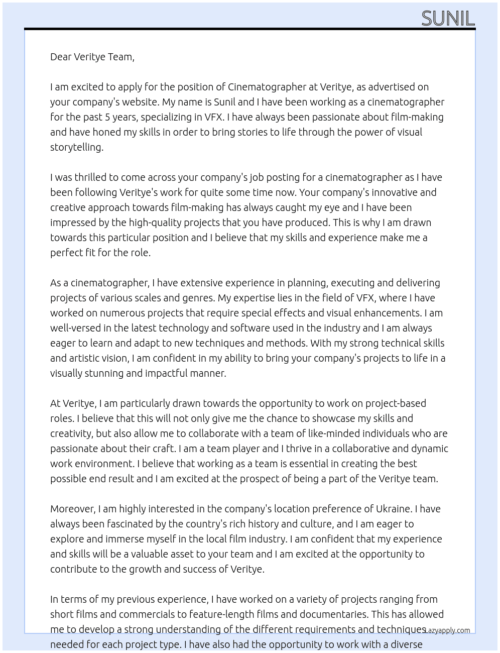 cinematographer At veritye Cover Letter